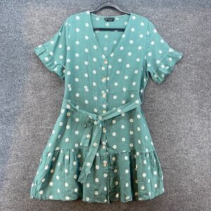 Bella Amore Dress Womens L Linen‎ Green Polka Dots Button Up Old Money Classic